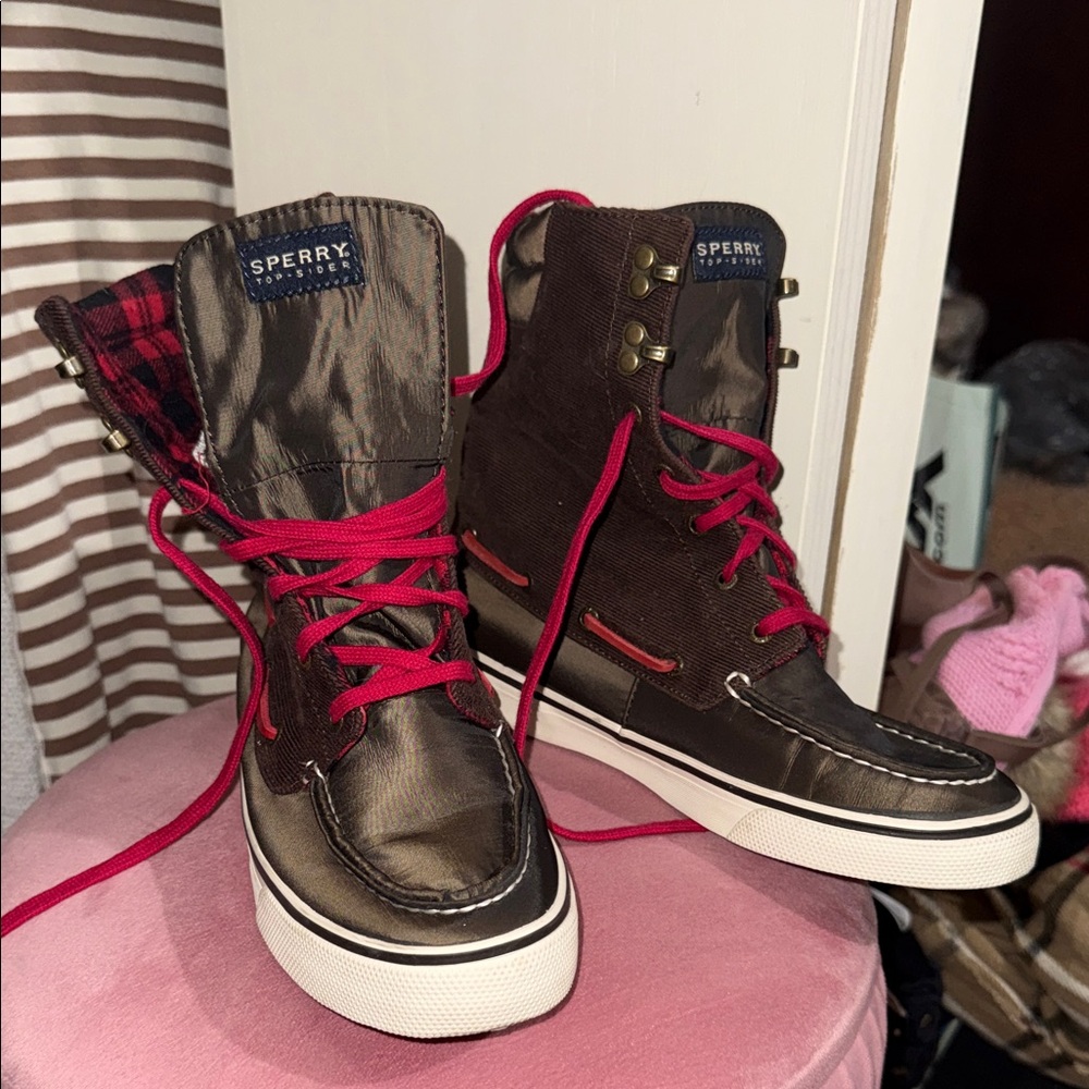 Sperry Brown High-Tops with Red Accents